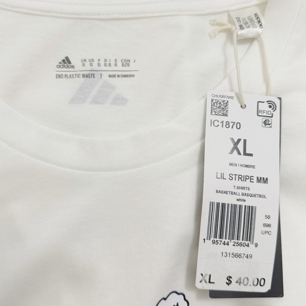 NWT Adidas Men’s Lil Stripe Basketball Game Play Cotton T-Shirt, White size XL - Picture 4 of 6